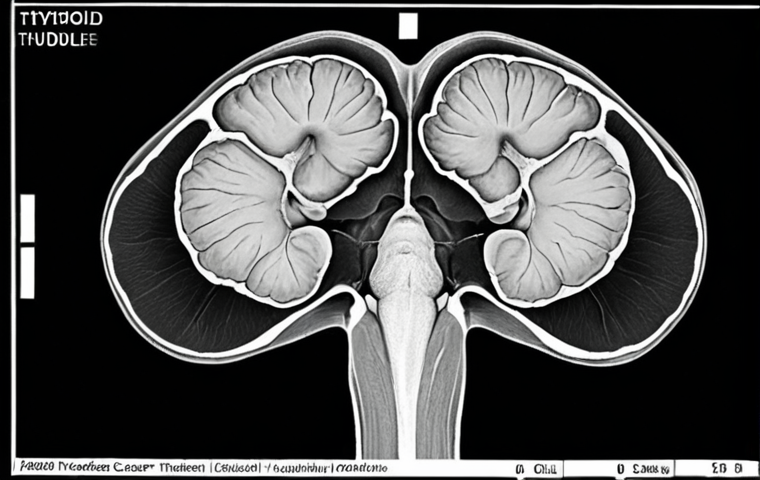 **A thyroid scan (nuclear medicine) image showing the thyroid gland with a nodule. The image should convey the purpose of evaluating thyroid nodule function and diagnosing thyroiditis. Include a cost indicator of approximately 50,000 to 100,000 won with health insurance.**
