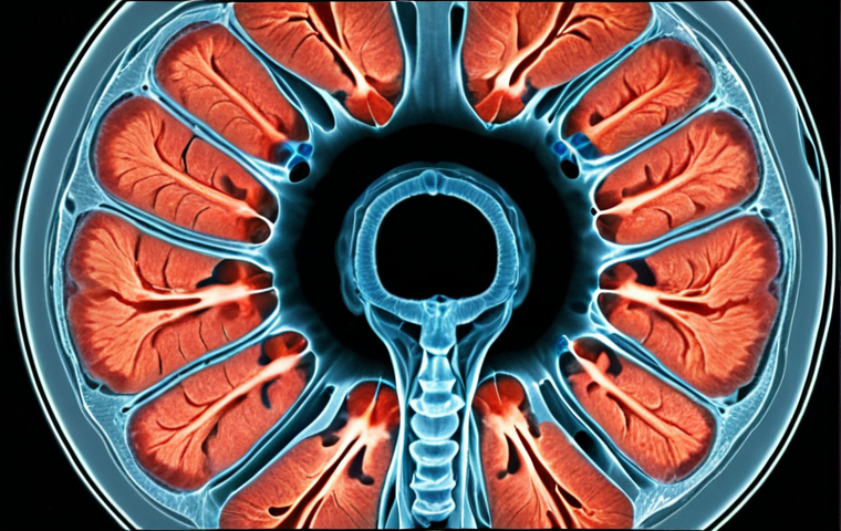 **MRI scan image:** A detailed axial view MRI scan showcasing the spinal cord and surrounding soft tissues. High resolution, diagnostic quality, medical visualization.