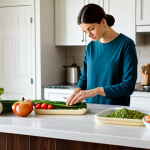 A professional individual, fully clothed in modest, comfortable home attire, sits contemplatively at a clean, modern kitchen island. On the island, a meticulously organized meal planner and a simple, unseasoned low-iodine meal (e.g., plain rice, steamed vegetables, lean protein) are visible. The person gazes quietly at the table, embodying a subtle sense of discipline and the challenge of dietary restrictions. The background is a tidy, well-lit kitchen. Perfect anatomy, correct proportions, natural pose, well-formed hands, proper finger count. Professional photography, high quality, safe for work, appropriate content, family-friendly, fully clothed.