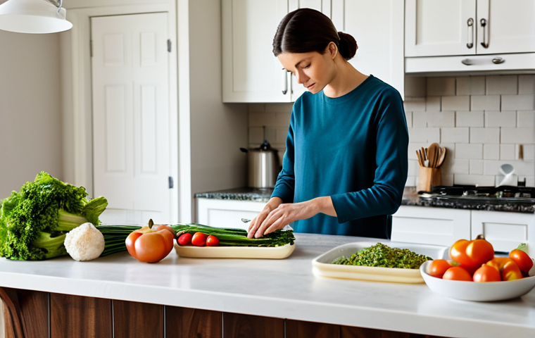A professional individual, fully clothed in modest, comfortable home attire, sits contemplatively at a clean, modern kitchen island. On the island, a meticulously organized meal planner and a simple, unseasoned low-iodine meal (e.g., plain rice, steamed vegetables, lean protein) are visible. The person gazes quietly at the table, embodying a subtle sense of discipline and the challenge of dietary restrictions. The background is a tidy, well-lit kitchen. Perfect anatomy, correct proportions, natural pose, well-formed hands, proper finger count. Professional photography, high quality, safe for work, appropriate content, family-friendly, fully clothed.