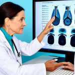 A professional female doctor, mid-40s, in a clean white lab coat over modest business attire, explaining bone density scan results on a screen to a mature female patient, early 60s, in comfortable, modest professional-casual clothing. They are seated in a modern, well-lit medical clinic office. The doctor gestures towards a stylized, abstract bone density graph on a screen, maintaining eye contact with the attentively listening patient. Perfect anatomy, correct proportions, natural pose, well-formed hands, proper finger count, natural body proportions. Safe for work, appropriate content, fully clothed, professional, high quality medical photography, soft lighting.