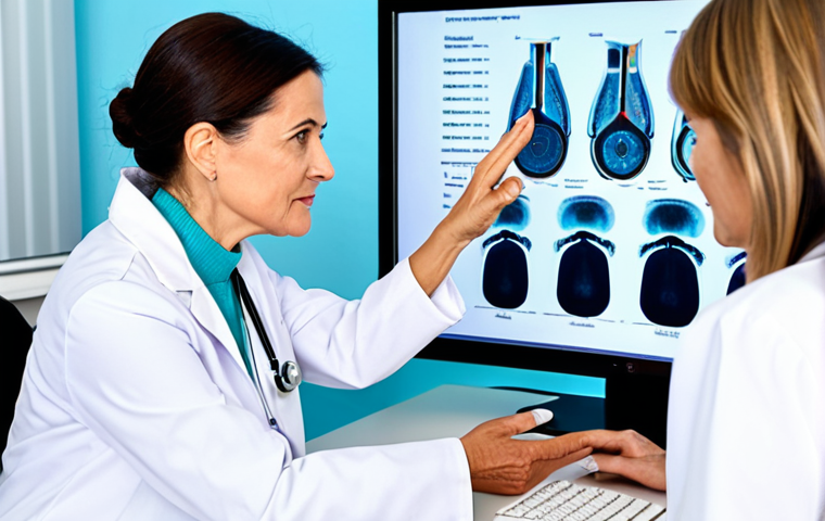 A professional female doctor, mid-40s, in a clean white lab coat over modest business attire, explaining bone density scan results on a screen to a mature female patient, early 60s, in comfortable, modest professional-casual clothing. They are seated in a modern, well-lit medical clinic office. The doctor gestures towards a stylized, abstract bone density graph on a screen, maintaining eye contact with the attentively listening patient. Perfect anatomy, correct proportions, natural pose, well-formed hands, proper finger count, natural body proportions. Safe for work, appropriate content, fully clothed, professional, high quality medical photography, soft lighting.