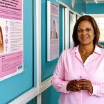 Breast Cancer Screening Awareness**

A fully clothed woman in her 40s, wearing a modest blouse, attending a breast cancer awareness event in a brightly lit community center. Informative posters about mammograms and self-exams are visible in the background. Safe for work, appropriate content, fully clothed, professional, demonstrating health awareness, perfect anatomy, correct proportions, natural pose, well-formed hands, proper finger count, natural body proportions, high quality, family-friendly.

**