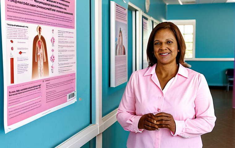 Breast Cancer Screening Awareness**
A fully clothed woman in her 40s, wearing a modest blouse, attending a breast cancer awareness event in a brightly lit community center. Informative posters about mammograms and self-exams are visible in the background. Safe for work, appropriate content, fully clothed, professional, demonstrating health awareness, perfect anatomy, correct proportions, natural pose, well-formed hands, proper finger count, natural body proportions, high quality, family-friendly.
**