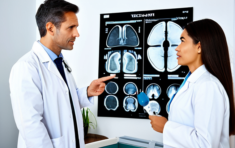 **
A friendly doctor in a clean, modern clinic explaining the differences between X-ray, CT scan, MRI, and ultrasound to a concerned patient. The doctor is pointing to a chart comparing the pros, cons, radiation exposure levels, and typical uses of each imaging technique. The patient is attentively listening, wearing modest clothing. Safe for work, appropriate content, fully clothed, professional, perfect anatomy, natural pose, informative setting, high quality.
**